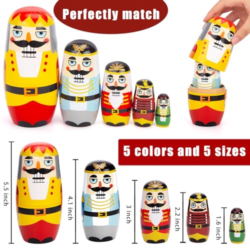 MCPINKY 5PCS Nutcracker Nesting Dolls, Christmas Wooden Nesting Dolls Handmade Stacking Toy Matryoshka Russian Dolls for Christmas Stocking Stuffer Gift Home Decoration