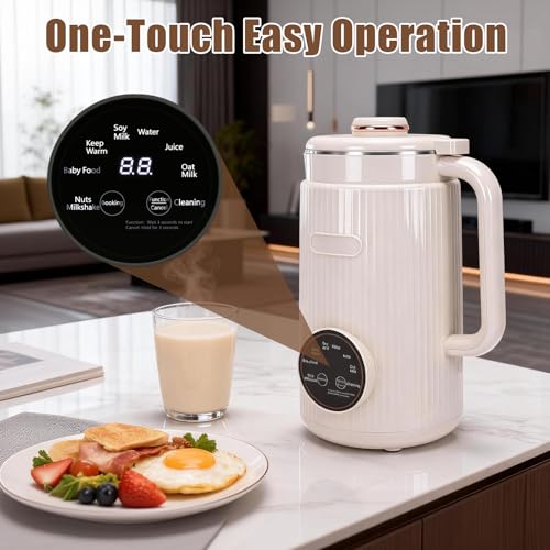HISUEKIG Soy Milk Machine 1200ml, 8 in 1 Nut Milk Maker with 12 Blades, Temperature Control, Self-cleaning Keeping Warm, for Oat Almonds (Beige)