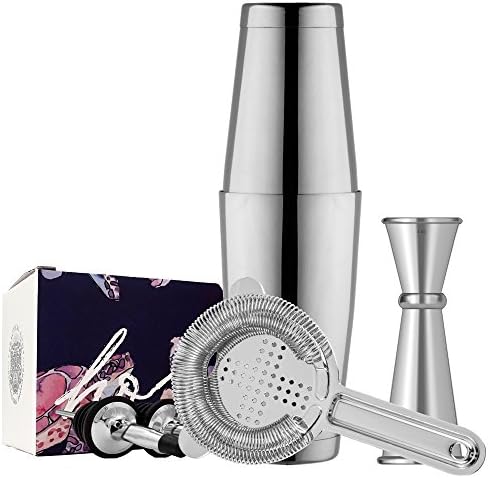 Boston Cocktail Shaker Bar Set by Homestia 6-Piece: 18oz &amp; 28oz Shaker Tins, Hawthorne Cocktail Strainer, Double Jigger and 2 Cocktail Pourer (Silver)