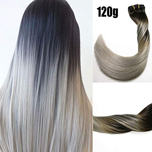 Clip in Hair Extensions 120 G/4.2 Ounce 100% Brazilian Remy Human Hair Extensions 9A Thickened Soft Silky Straight for Fashion Women 7pcs 17clips Full Head(18Inch Ombre Natural Black to Silver Gray)