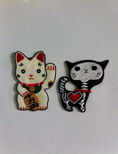 Set Cat 2 Pcs. - Cute Maneki-neko Japan Japanese Lucky Cat DIY Embroidered Sew Iron on Patch and Shock Skeleton Skull X-ray Cat Kitty Funny Cartoon DIY Applique Embroidered Sew Iron on Patch