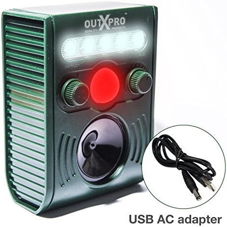 OUTXPRO Motion Activated PIR Ultrasonic Cat Dog Deer Pest Repeller, Solar Charged Distance and Frequency Adjustable Device with USB AC Adapter
