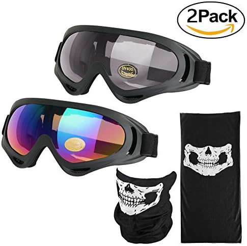 iGoods 2 Pack Motorcycle Goggles Ski Goggles W/ Mask-UV400 Anti Fog Wind Protective Motocross SnowmobIle Dirt Bike Cycling Snowcross Skiing Skate Goggles for Youth Men Women Kids (Multicolor/Grey)