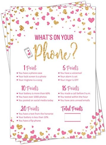 What's On Your Phone - Party Game - Bridal Shower - Baby Shower - Pink and Gold Heart Confetti (50-Sheets)