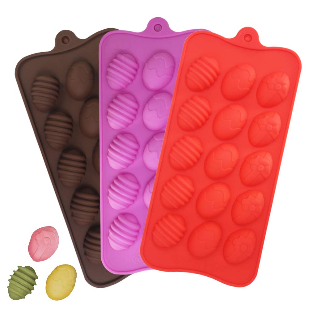 Easter Egg Moulds,Easter Egg Chocolate Silicone Moulds,YuCool 3 Pack Silicone Molds with 15-Cavity for Candy Chocolate Jelly, Ice Cube-Red,Pink