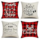 KACOPOL Christmas Decorations Pillow Covers Red Black Buffalo Check Plaid Christmas Quotes Farmhouse Decor Cotton Linen Throw Pillow Case Cushion Cover 18