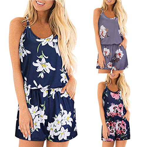 Corriee Jumpsuits for Women Summer Casual Floral Print Spaghetti Strap Short Rompers Teens Playsuits Gray
