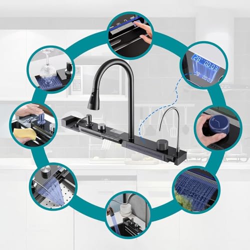 4 Water Outlet Modes Waterfall Kitchen LED Sink with Multifunctional Digital Display Faucet - Durable Stainless Steel Single Bowl Workstation Sink(Size: 80 * 45 * 22cm)