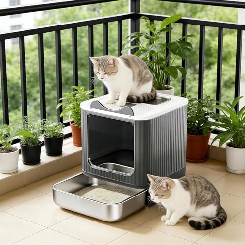ORCHID M®Upgraded Fully Enclosed Cat Litter Box with Lid, Covered Cat Box Enclosure, Anti-Splashing Easy to Clean Kitty Litter Boxes with Drawer, Use from Kitten to Adult(White&Grey)