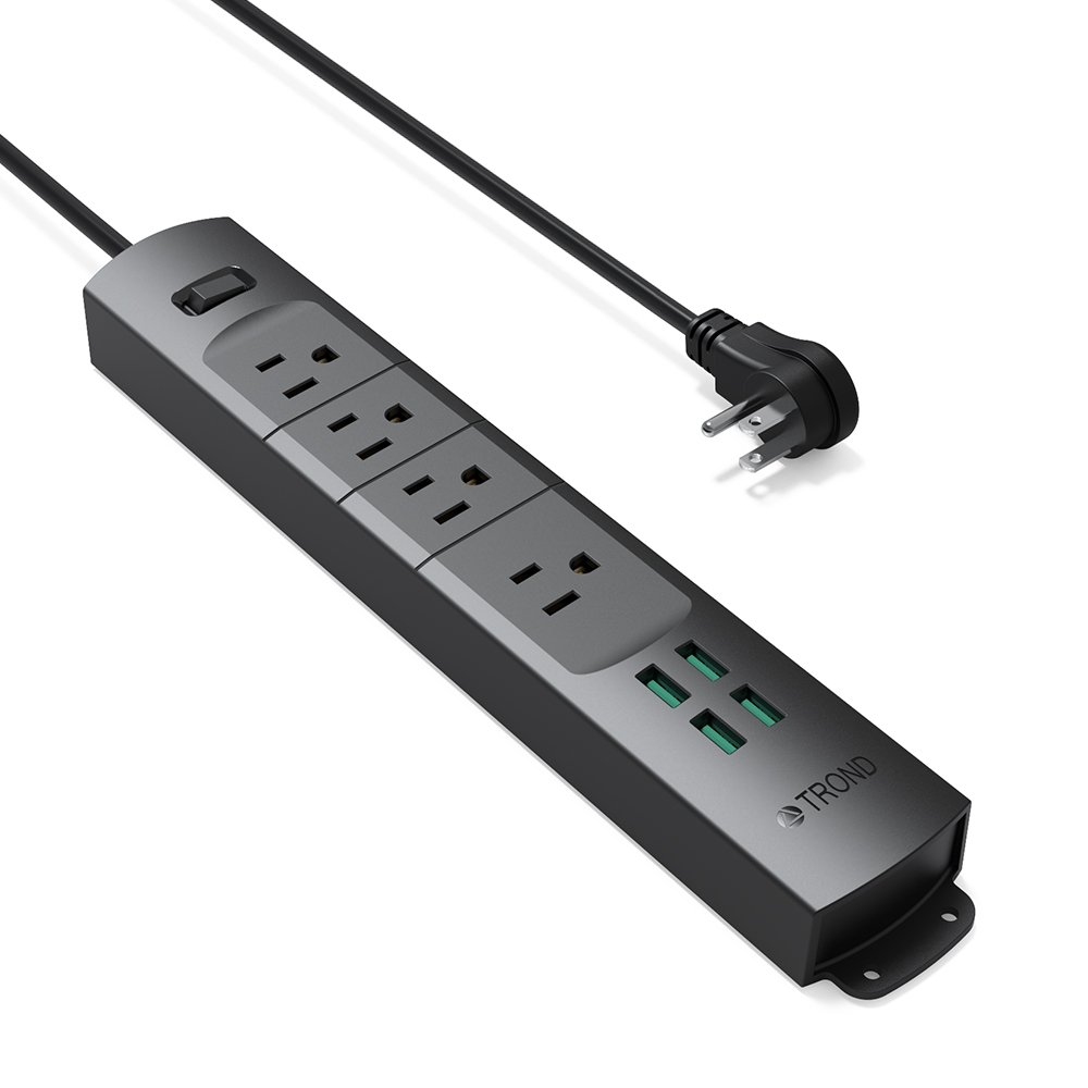 TROND Prime II 4-Outlet Mountable Surge Protector Power Strip with USB Charger (4A/20W, Black), Right-Angle Flat Plug & 6.6 Feet Long Cord, for Workbench, Nightstand, Dresser, Home & Office by TROND