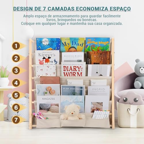 Estante, Capacidade de 7 Camadas, Estante para Livros, Prateleira, Prateleira para Livros, Cor Original Da Madeira