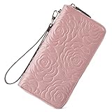 BOSTANTEN Leather Wallets Camellia Pattern Zipper Handbags with Wristlet for Women Taro Pink