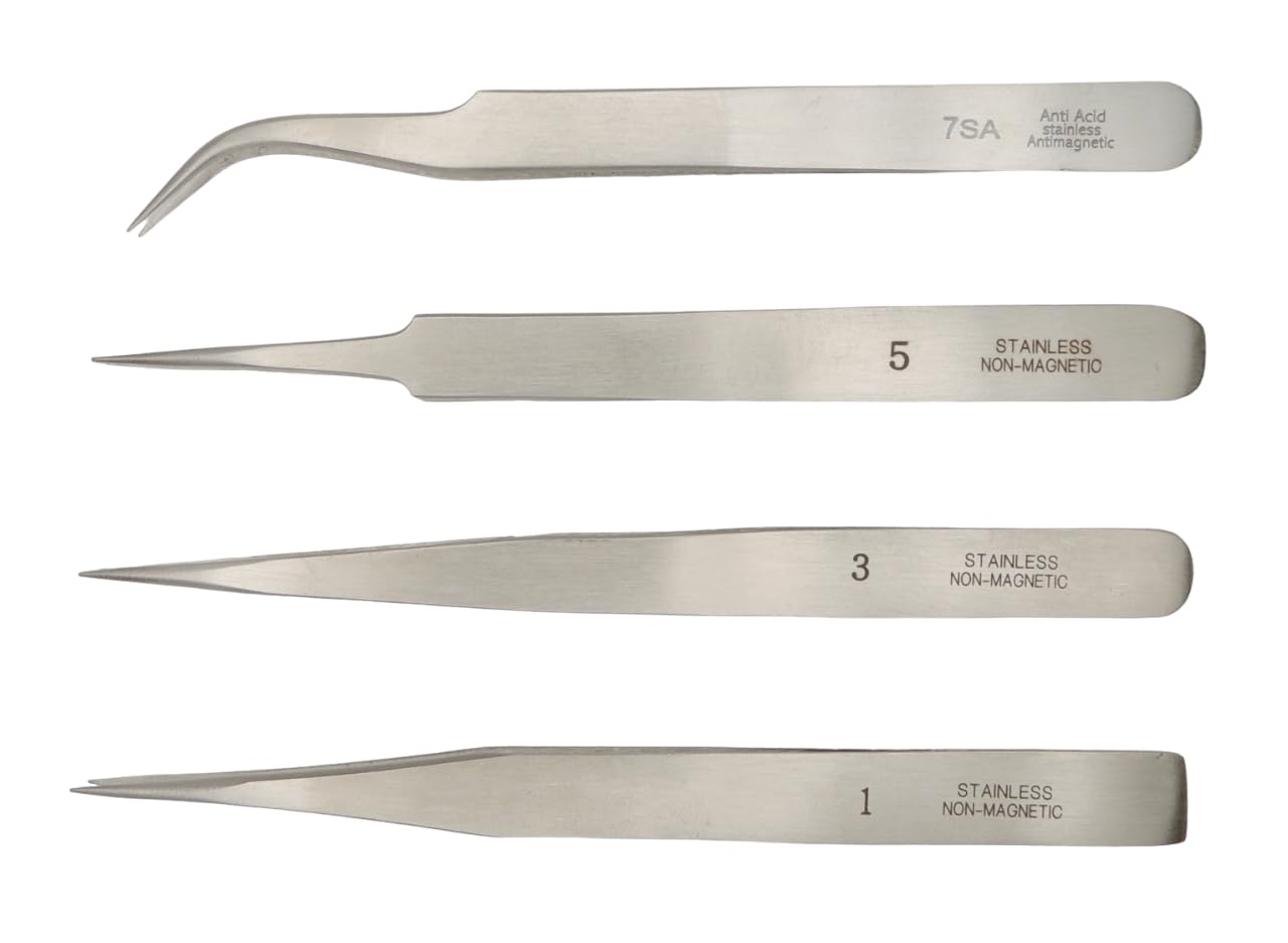 KD89 Assortment of 4 Tweezers No. 1 - No. 3 - No. 5 - No. 7 - Stainless Steel Precision Tweezers Anti-Magnetic, metallic