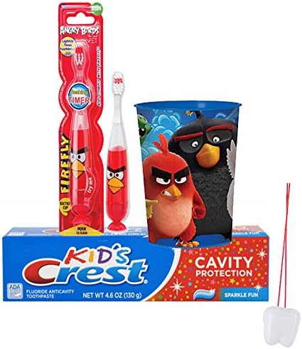 Angry Birds "Red" Inspired 3pc Bright Smile Oral Hygiene Set! Angry Birds Light Up Timer Toothbrush, Crest Kids Toothpaste &amp; Mouthwash Rinse Cup! Plus Bonus "Remember To Brush Visual Aid"