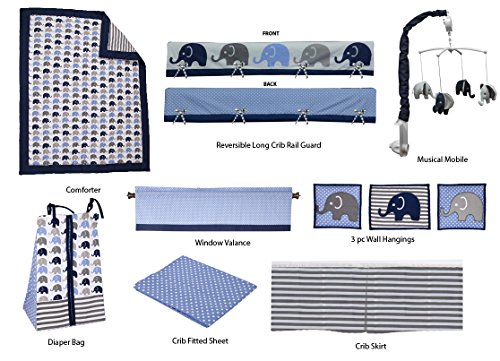 Bacati 10-Piece Elephants Nursery-In-A-Bag Crib Bedding Set with Long Rail Guard, Blue/Grey