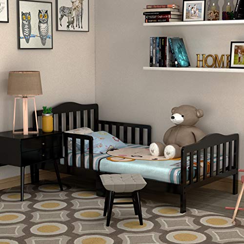 HONEY JOY Toddler Bed Frame, Solid Rubber Wood Frame w/Safety Guardrail, Fits C…