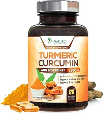 Turmeric Curcumin Highest Potency 95% Standardized Curcuminoids 1950mg with Bioperine for Best Absorption, Made in USA, Best Vegan Joint Pain Relief Turmeric Pills by Natures Nutrition - 120 Capsules