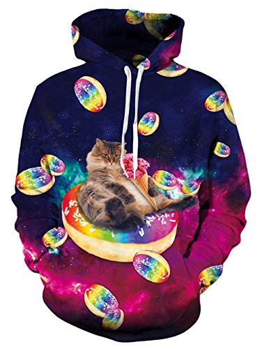 TUONROAD Youth & Adult Unisex Fit Hoodies Sweaters Comfortable Sportswear Pullover Cute Pussycat Pink Ice Cream Yellow Donut Galaxy Space Realistic Long Sleeve Hooded Shirt with Adjustable Drawstring