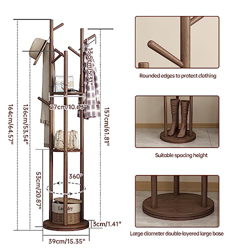 KASLANDI Coat Rack Stand with 3 Shelves and 9 Hooks Rotary Freestanding
