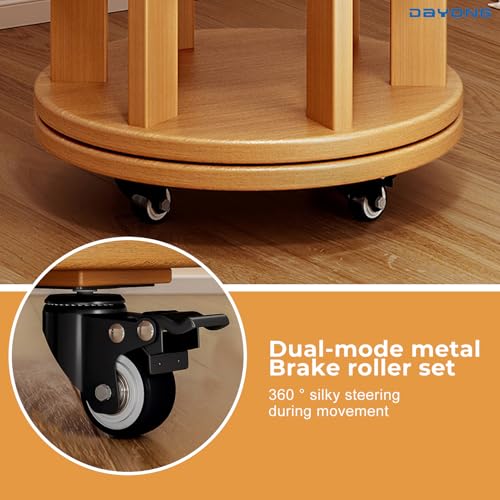 DAYONG 5-Tier Rotating Bookshelf, Large Capacity Solid Wood Bookcase with Wheels, Space-Saving Book Shelf Storage Display Rack Floor Standing Shelves for Small Space, Corner, Office (Natural)