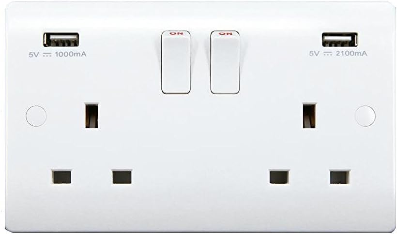Sinoe VN270 BS Certified 13A 2 Gang Switched Wall Socket & 3.1A USB Outlets with Screw Covers Tested by Intertek- Highest Safety Standards. Top-end Product. White