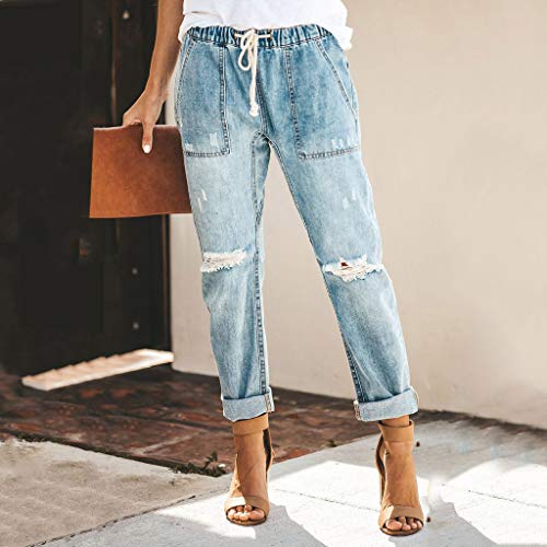 gugs Women Pull-on Distressed Denim Joggers Elastic Waist Stretch Pants Paper Bag Waist Pants High Waist Long Pencil Pants (S, Light Blue)