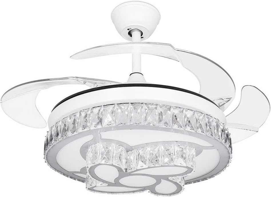 RS Lighting Indoor Rooms Crystal Flower Ceiling Fan with Remote 3 Gears Ceiling Fans Speed -42 Inch Invisible Ceiling Fan Chandelier Retractable Blade for Living Room, Dining Room, Bedroom (White-01)