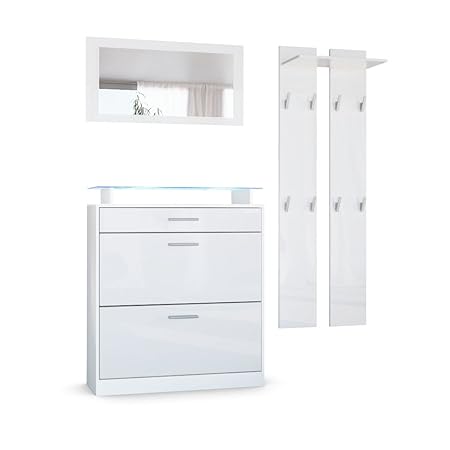 Vladon Garderobenset Garderobe Loret Mini, Korpus in Weiß matt/Front in Weiß Hochglanz