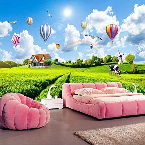 カスタム3d壁画壁紙青空白い雲虹熱気球牛の家緑の牧歌