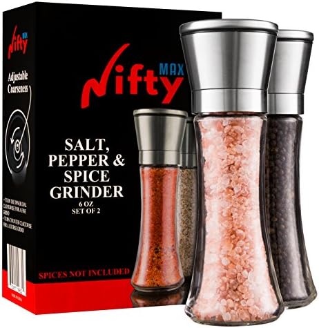 Premium Sea Salt Grinder Set, Brushed Stainless Steel Salt & Pepper Grinder Set, Spice Shakers, Clear Glass Tall Body 6 Oz. With Adjustable 5 Grade Coarseness Ceramic Rotor