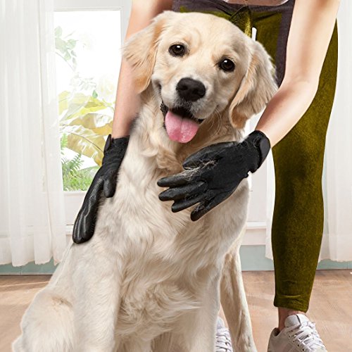 JUNING Pet Grooming Gloves - Hair Remover Brush for Dogs, Cats & Horses with Long Short Fur - Gentle Massage Bathing Brush Tool - (1 Pair) - Thumbnail 7