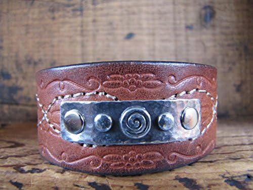 Upcycled Embossed Brown White Leather Cuff Bracelet Riveted with Spiral Medallion