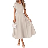 MEROKEETY Women's 2026 Summer Midi Dresses Short Sleeve Crewneck A Line Pleated Wedding Guest Flowy Long Dress with Pockets