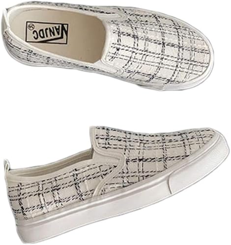 Amazon Adsns キャンバス ローカット スニーカー スリッポン レディース カジュアル 女の子 女性 チェック柄 靴 デイリー かわいい スリッポン スニーカー レディース シューズ フラットシューズ ぺたんこ 白 黒 歩きやすい おしゃれ Adsns ローファー スリッポン