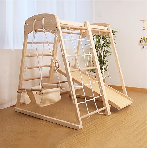 AM ANNA Upgraded Indoor Playground 5-in-1 Jungle Gym Kids Climbing Toys, Montessori Wooden Climber Playset with Slide, Swing, Monkey Bars,Upright/Rope Ladder,Climb Net (Jungle Gym)