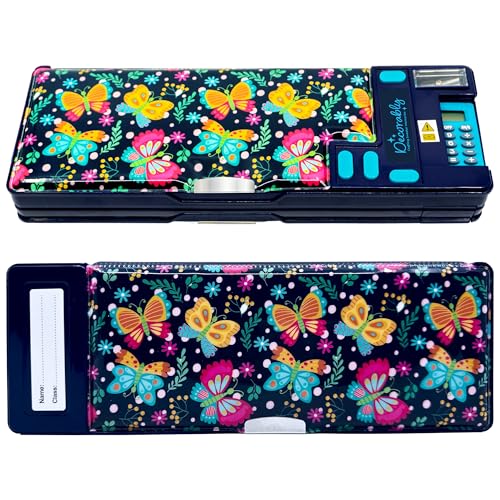 Decorably Butterfly Pop Up Multifunction Pencil Case with Calculator, Sharpener, Pen Slots and Mini Drawer - Multifunctional Pencil Case for Girls with 2 Main Compartments