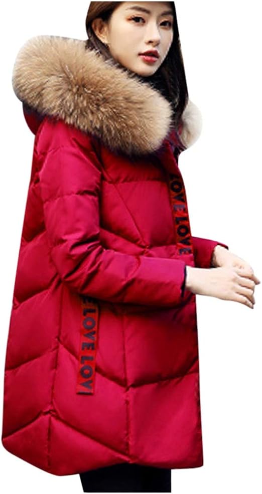 ladies red puffer jacket with fur hood