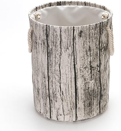 Hodleys Tree Stump Wood Grain Canvas & Linen Fabric Laundry Hamper Storage Basket with Rope Handles