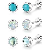 Angol 3Pairs Hypoallergenic Screw Back Stud Earrings for Women 925 Sterling Silver Earrings Opal Turquoise Moonstone Stud Set for Sensitive Ears Gifts for Her (Round Screw Back)