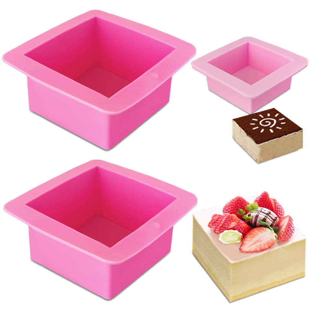 Photo 1 of AIFUDA 3 Pcs Non-Stick Square Baking Silicone Molds, Quick Release Bread Pan Bakeware Tray for Cheese Cake Tier Cake Handmade Toast Mold Bread Mould Soap Mold - Rose Red, Pink