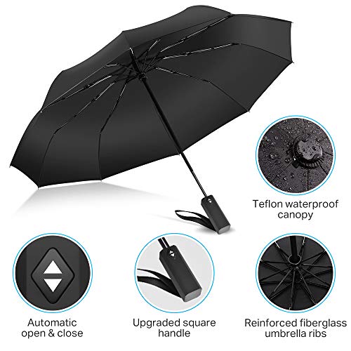 Wsky Windproof Umbrella for Travel, New Updated Comfortable Square Handle, 10 Reinforced Fiberglass Ribs with Teflon Canopy, Auto Open & Close-Black