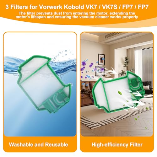 15 Vacuum Cleaner Bags for Vorwerk VK7 FP7 and 3 Hepa Filters, VK7 Kobold Bag for Microfibre Bags, VK7 Filter Bags Accessories, Kobold Bags VK7 Cordless