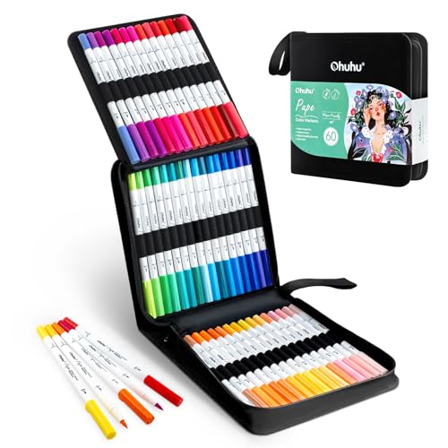 Ohuhu Marcadores para colorear a base de agua, aptos para papel, 60 colores, punta fina de pincel doble, para libros de colorear para adultos, marcadores de arte sin sangrado, para