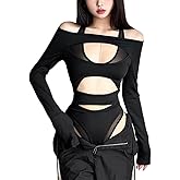 SINROYEE Women Hollow Out Outfits One Piece Jumpsuit Long Sleeve Top Cut Out Bodysuit for Rave Party Club