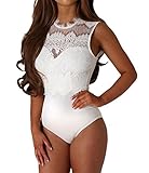 Shawhuwa Womens Sexy Floral Lace High Neck Sleeveless Bodysuit Clubwear L White