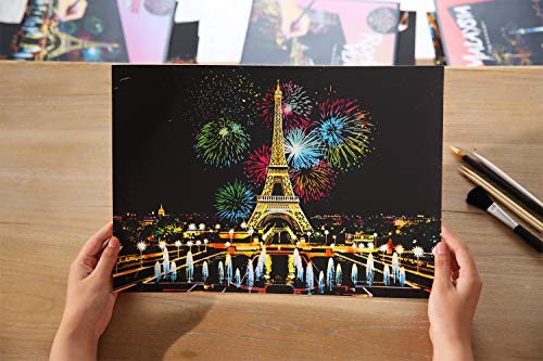 Scratch & Sketch Art Paper for Adults & Kids, Scratch Paper Rainbow Painting Sketch Pads DIY Art Craft Night View Scratchboard with Clean Brush,Scratch Coloring Pen,16 X 11.2 Inches (Paris Fireworks)