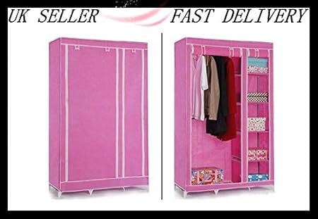 New Pink Double Canvas Wardrobe Rail Clothes Storage Cubpboard By