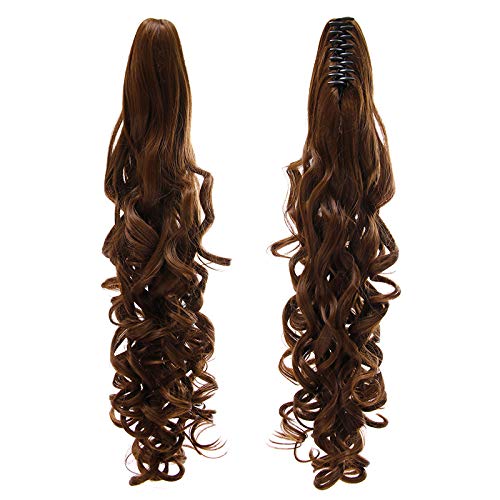Redlution 24 Inches 3/4 Full Head One Piece 5 Clips Clip in Hair Extensions Long Curly Hairpieces Fashion Wig Brown