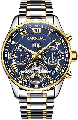 PASOY Carnival Men's Watch Automatic Mechanical Tourbillon Stainless Stell Date Blue Dial Skeleton Watch