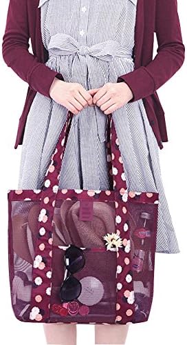 Orient Home Mesh Beach Bag Toy Tote Bag,Clear Transparent Handbag Shoulder Toys Shells,Grocery &amp; Picnic Tote with Oversize Pocket-PurpleFlower
